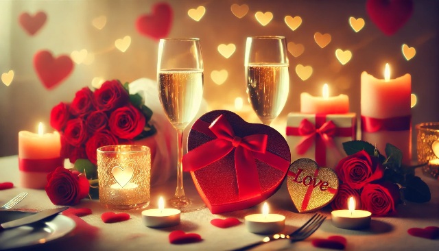 DALL·E 2025-02-02 23.46.56 - A wide-format romantic Valentine's Day dinner setting with two glasses of champagne, a heart-shaped gift box, and candlelight creating a warm atmosphe DALL·E 2025-02-02 23.46.56 - A wide-format romantic Valentine's Day dinner setting with two glasses of champagne, a heart-shaped gift box, and candlelight creating a warm atmosphe